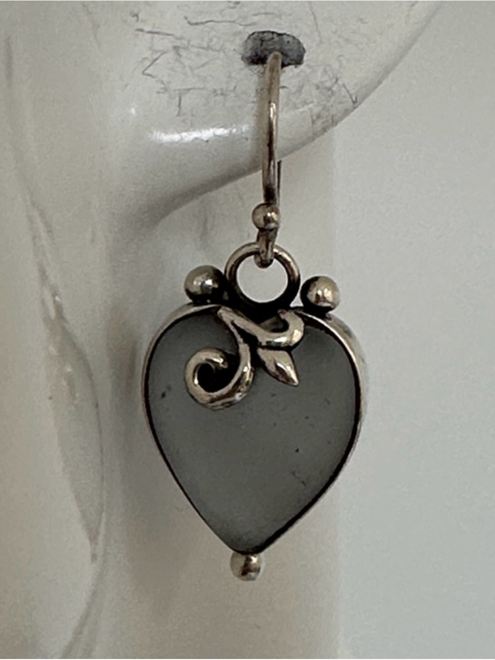 Elegant 925 Sterling Silver Heart Drop Earrings with Gray Stone